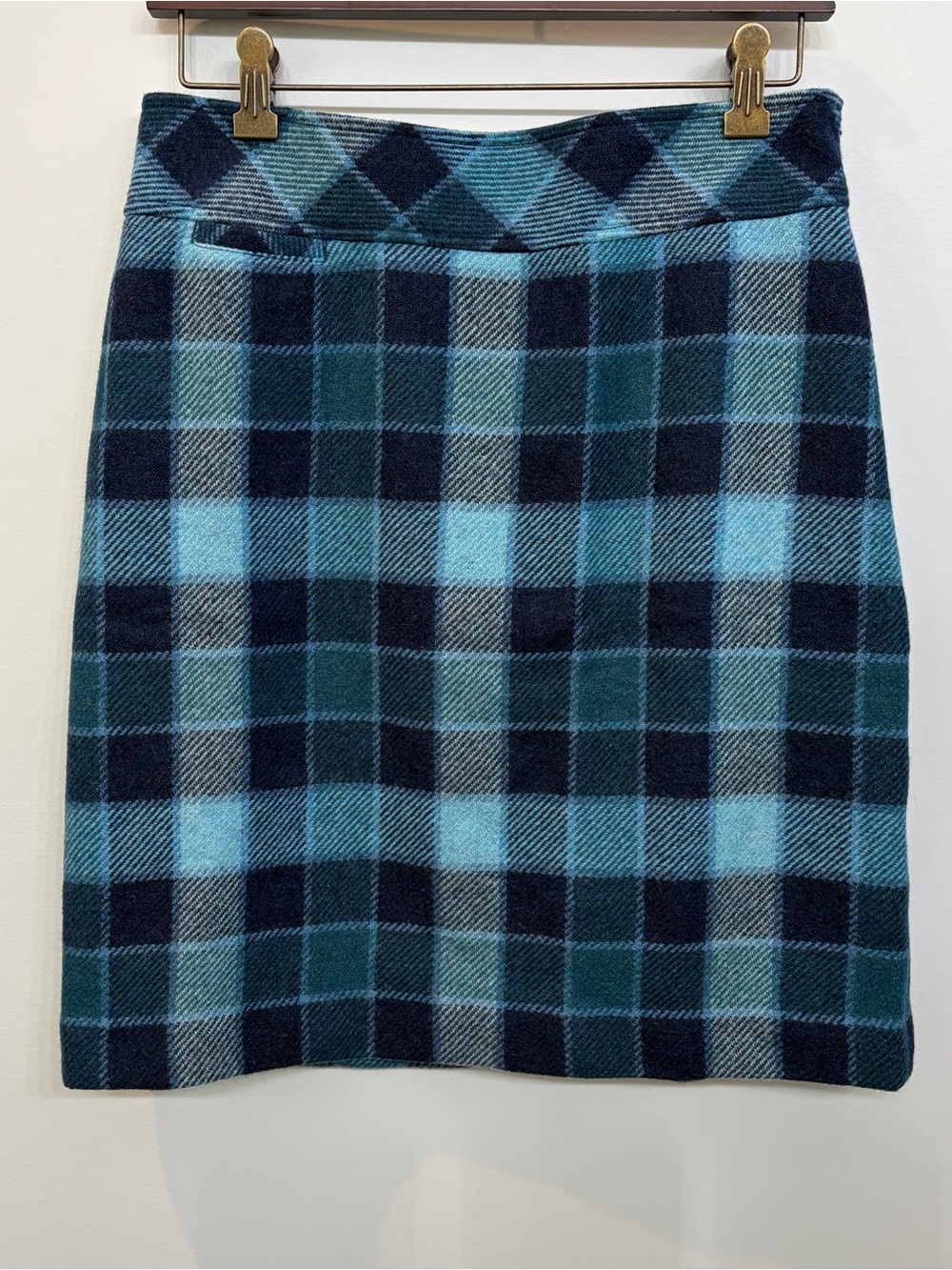 L.L.Bean Favorite Fit Blue Plaid Wool Blend Pencil Skirt Petite 8P Academia